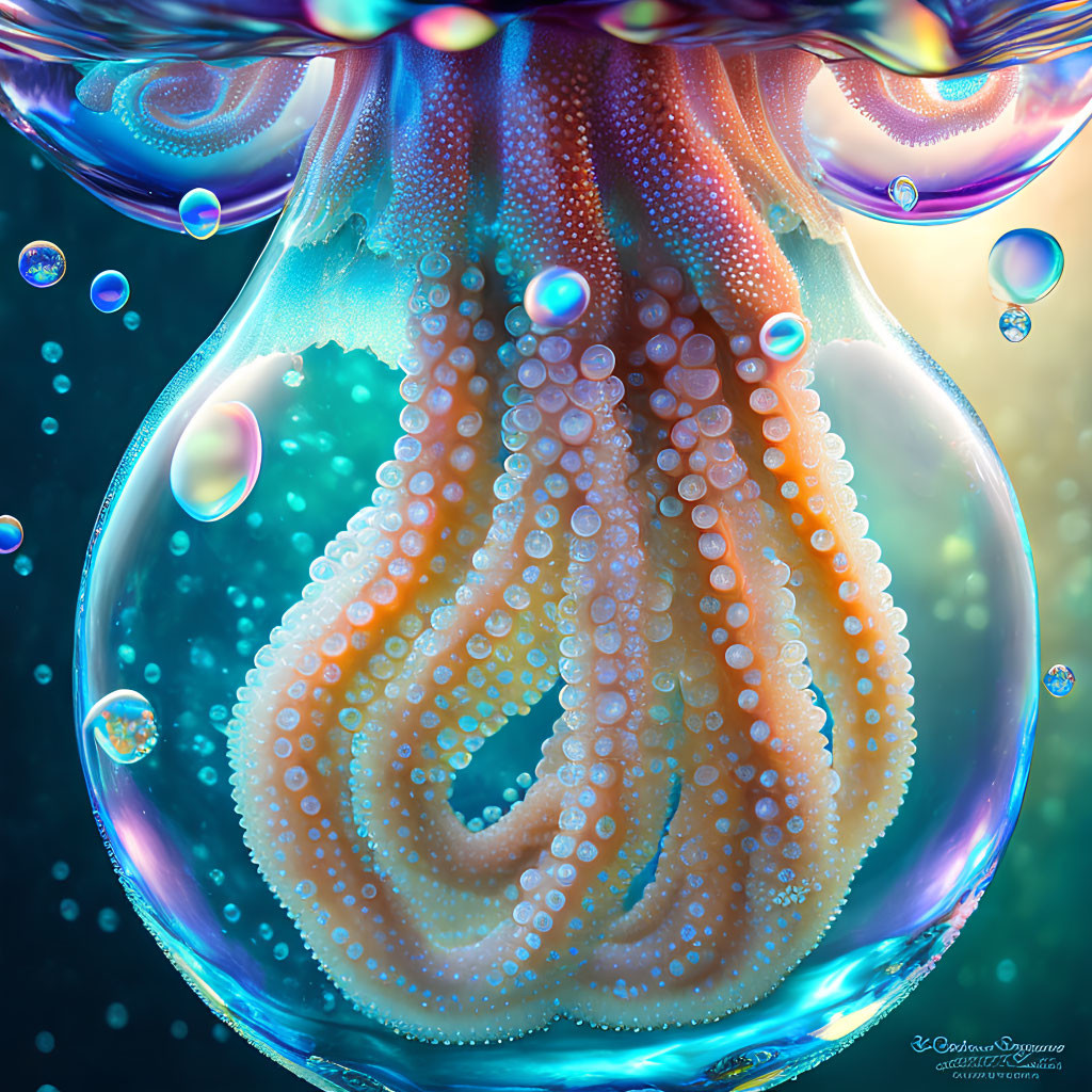 Colorful digital artwork featuring intricate jellyfish patterns in underwater scene