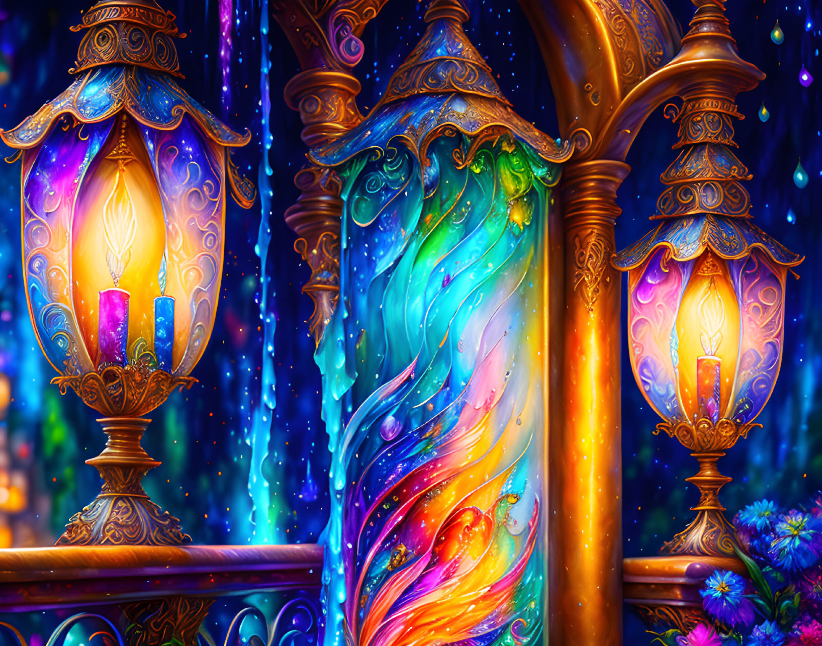 Colorful Fantasy Scene with Glowing Lanterns and Swirling Patterns