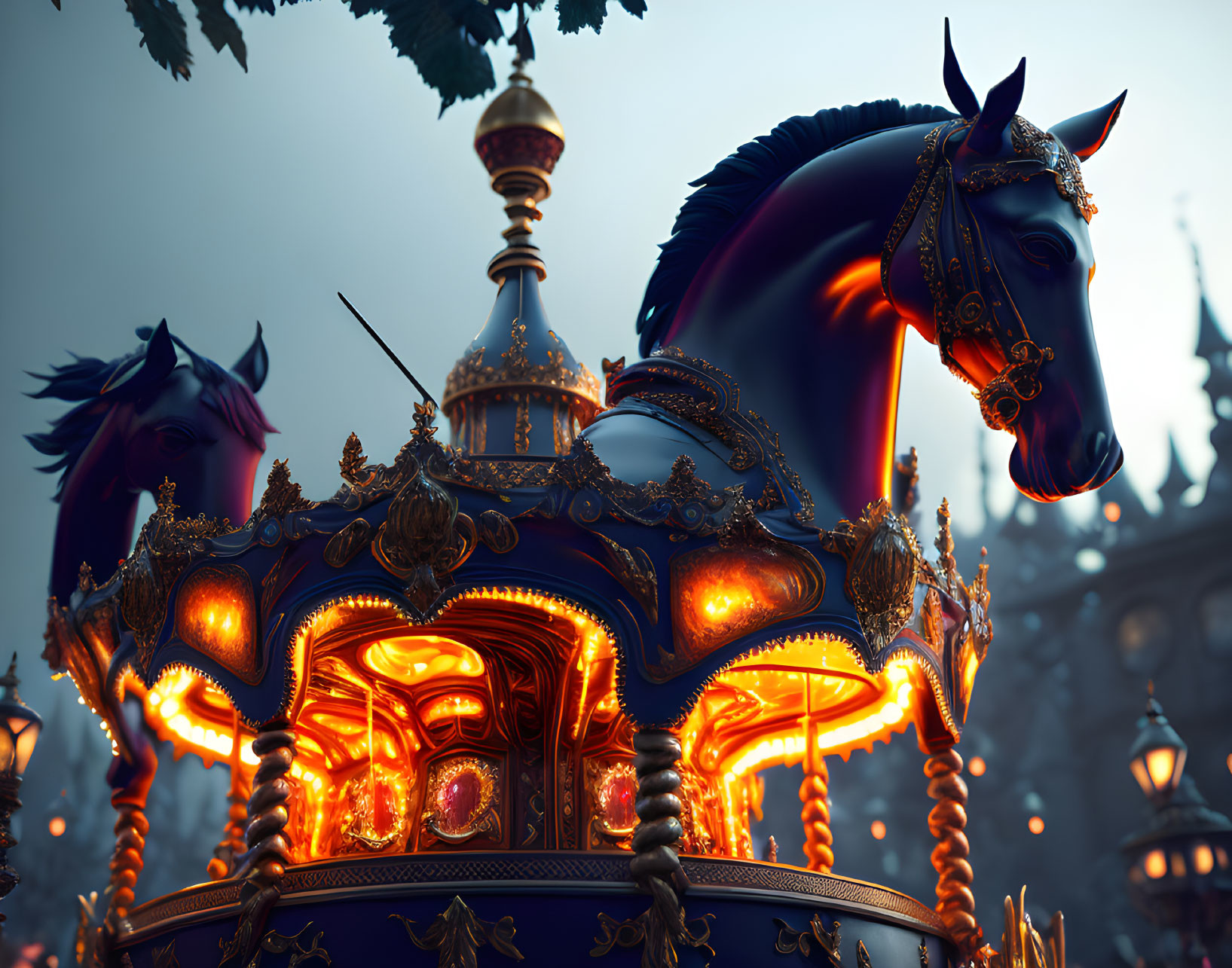 Golden embellished carousel horse in twilight setting with silhouetted architecture