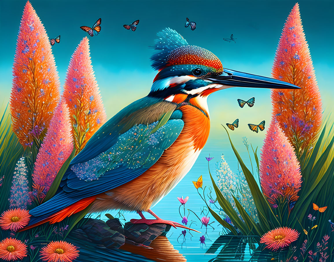 Colorful kingfisher bird perched in lush flora with butterflies