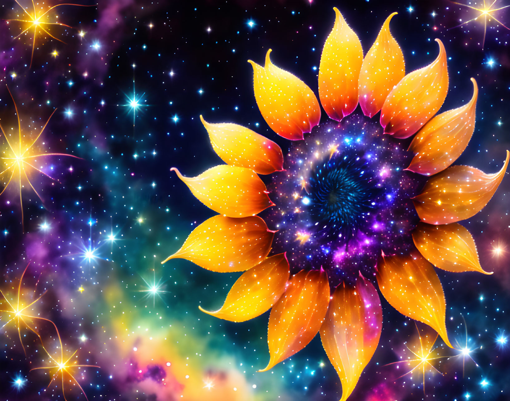 Cosmic sunflower digital artwork with vibrant colors