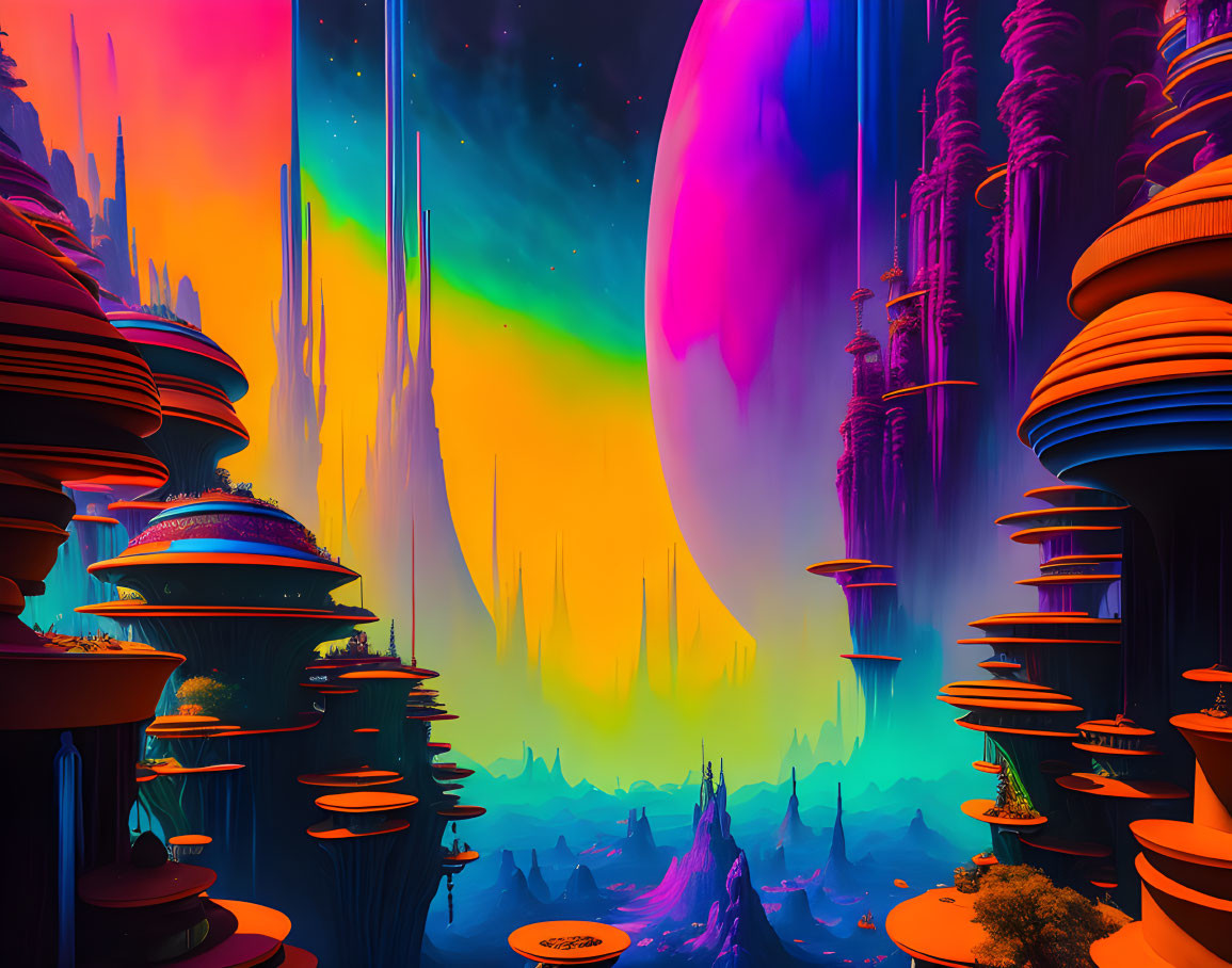 Vivid Neon Alien Landscape with Spired Towers and Aurora