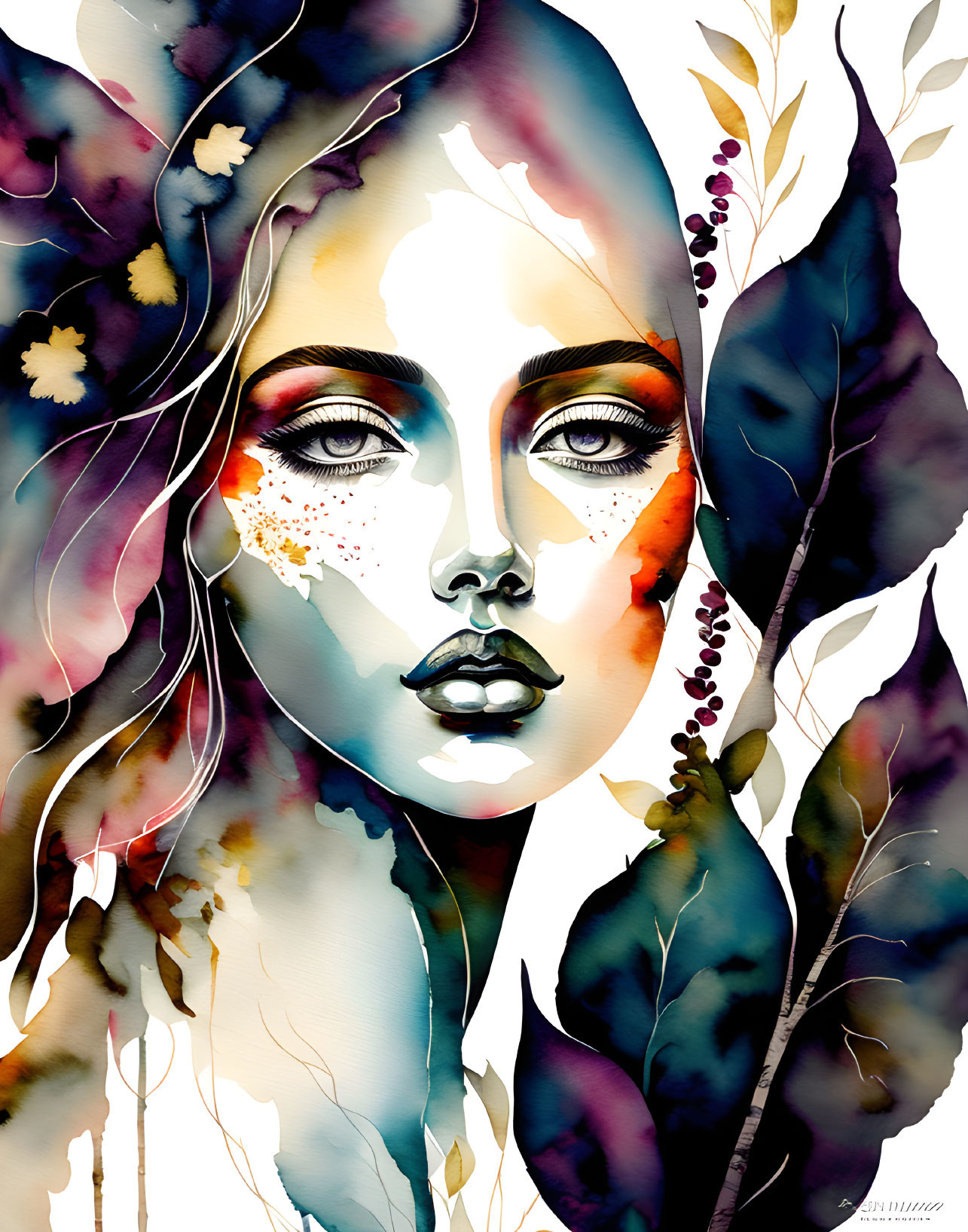 Vibrant watercolor painting of woman's face with floral and leafy elements