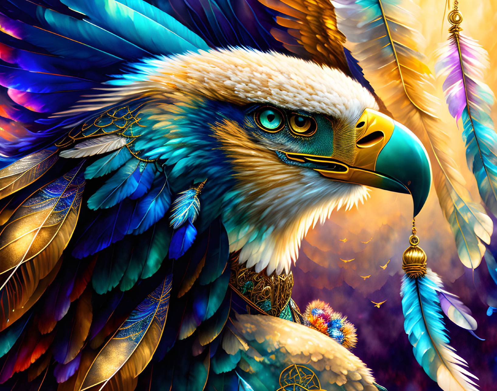 Colorful digital art: Majestic eagle with intricate designs and dreamcatchers