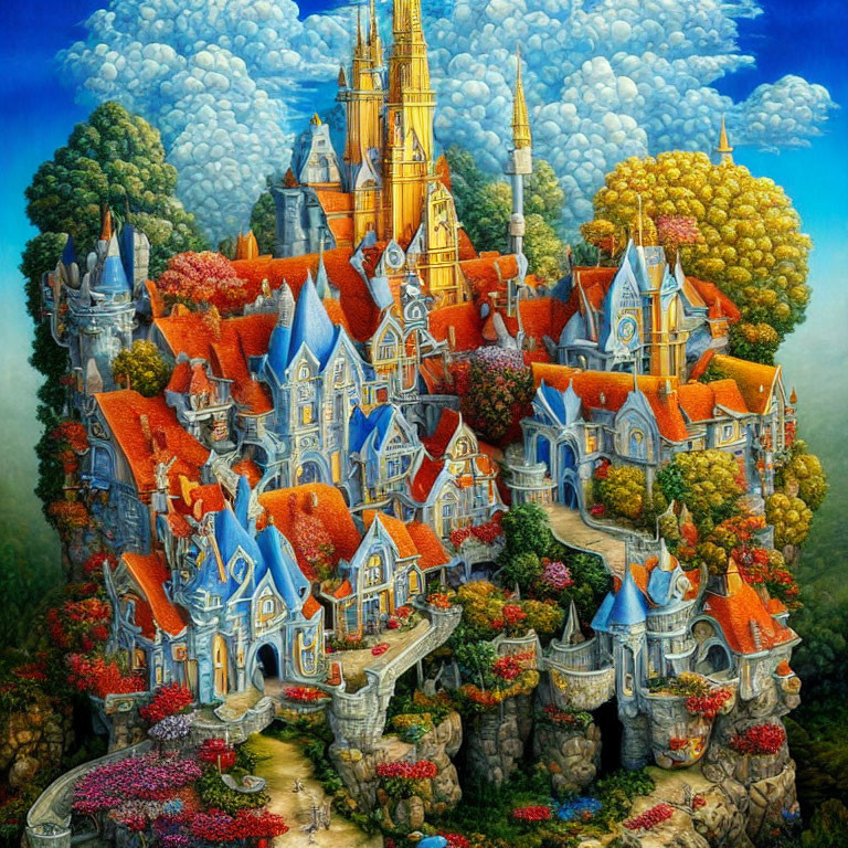 Colorful Castle with Blue Roofs and Golden Spires in Lush Greenery