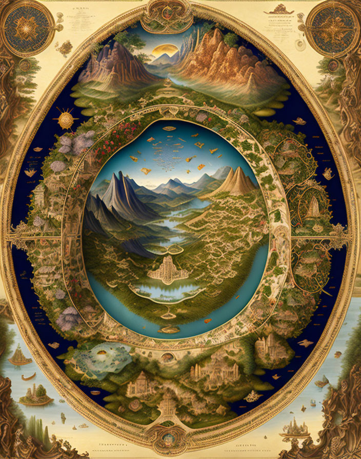 Detailed Oval Fantasy Map with Mountains, Forests, and Mythical Creatures