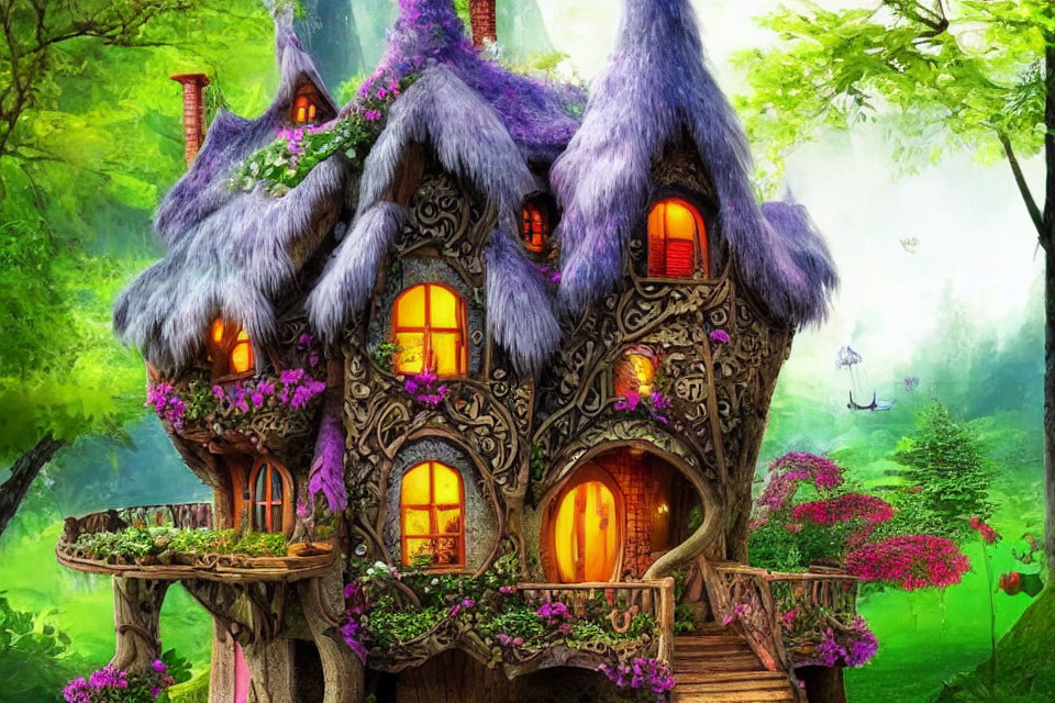 Fantasy treehouse with purple thatched roofs in lush forest