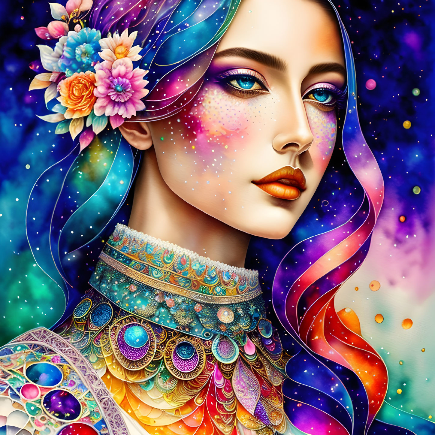 Colorful digital artwork: Woman with cosmic and floral elements