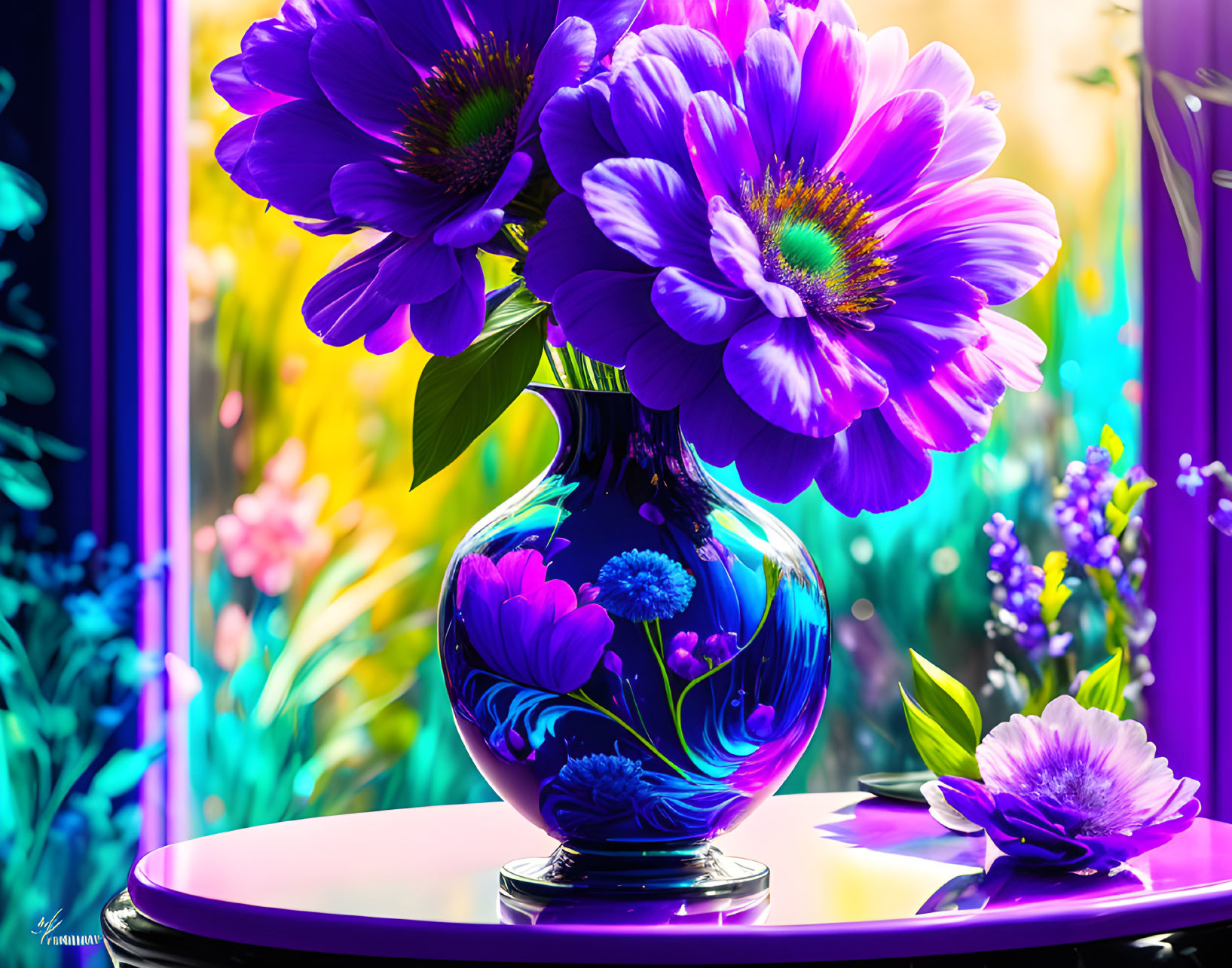 Colorful purple flowers in decorative vase on table with garden background