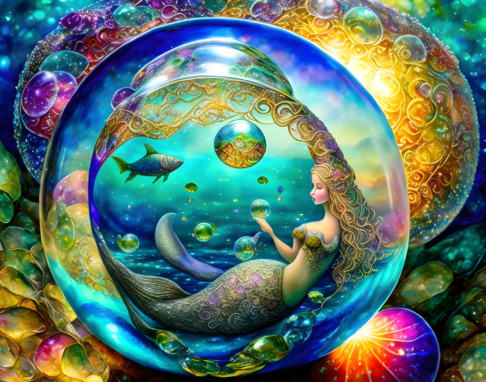 Vibrant mermaid illustration in bubble with marine life and orbs