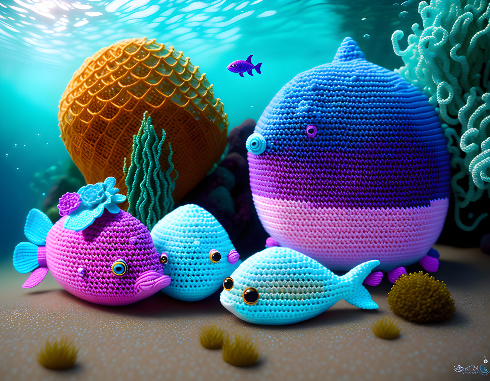 Vibrant knitted fish in coral reef scene with textured orange ball