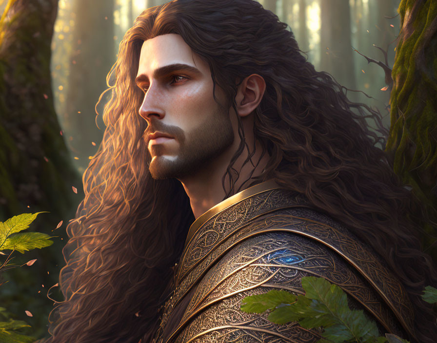 Elf with Long Wavy Hair in Intricate Armor in Sunlit Forest