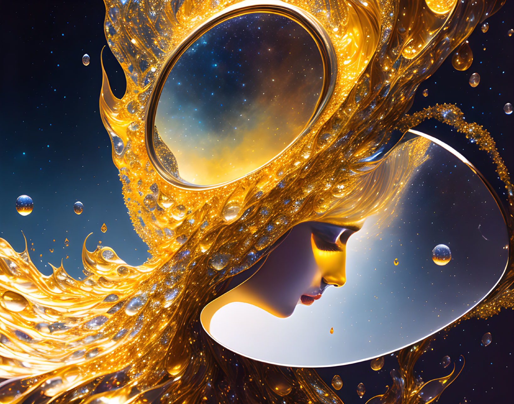 Surreal woman silhouette with golden hair in cosmic scene