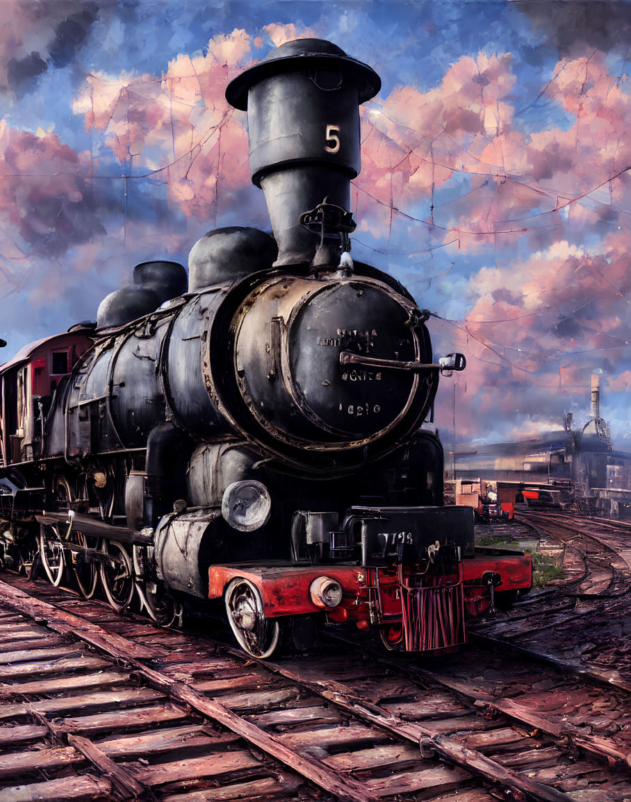 Vintage Steam Locomotive Number 5 on Railway Tracks with Industrial Background