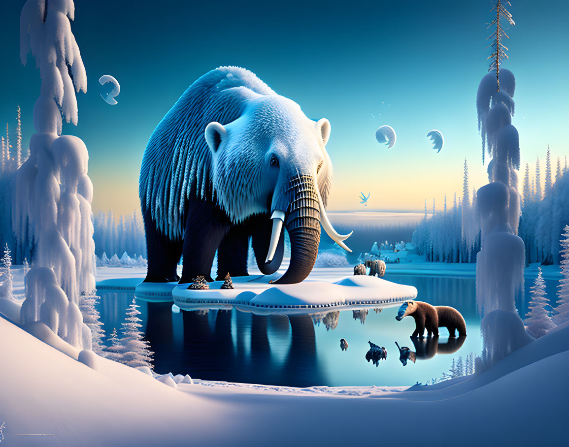 Surreal winter landscape with large bear, serene lake, and snowy forest