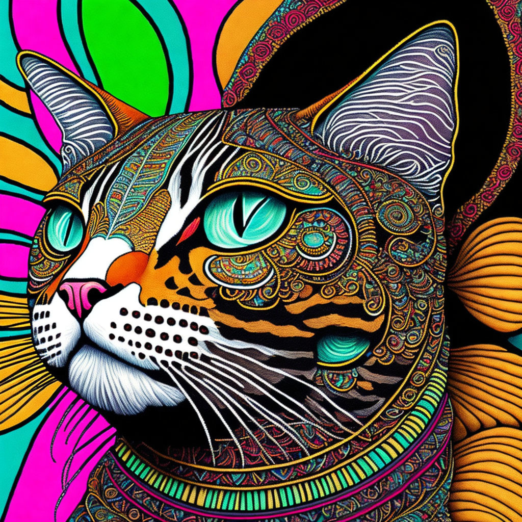 Colorful Cat Illustration with Detailed Patterns on Face