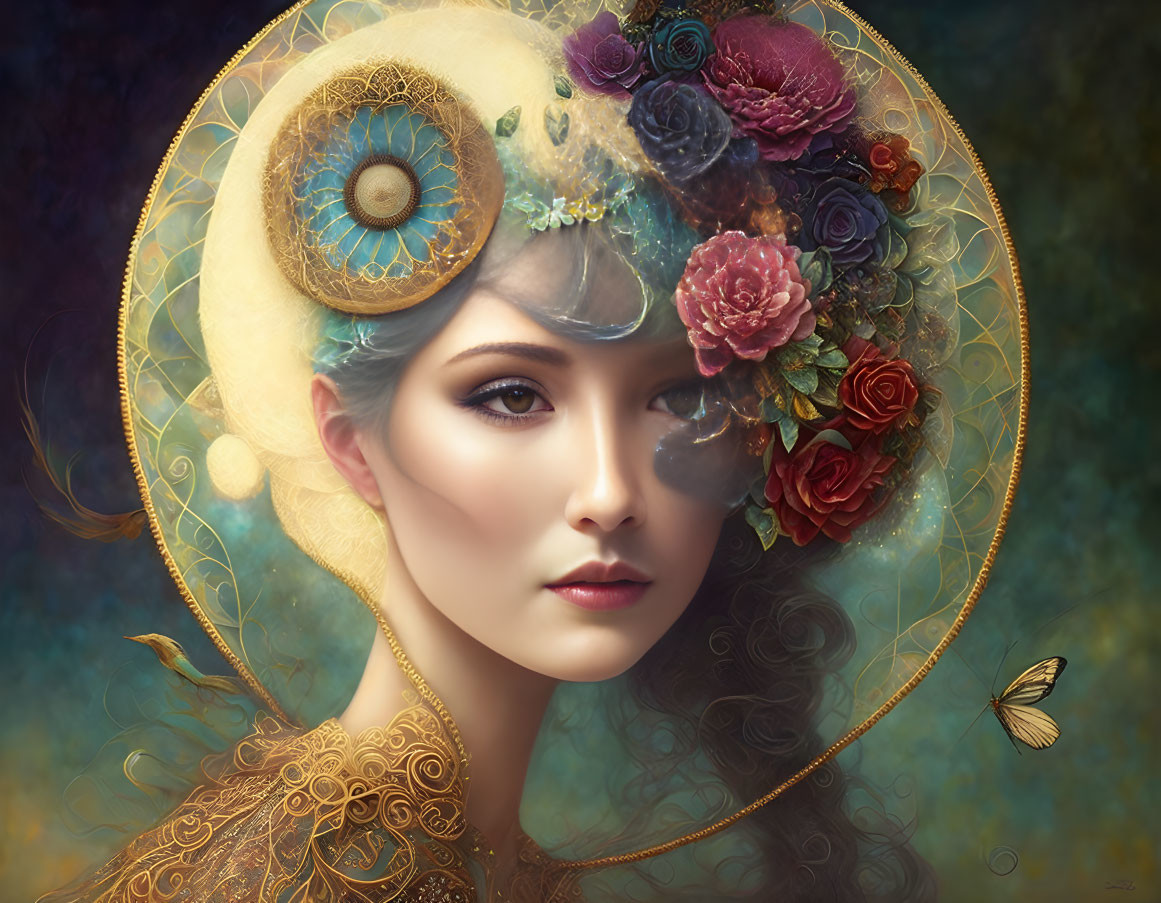 Woman portrait with ornate halo, flowers, peacock feather, butterfly, and mystical aura.