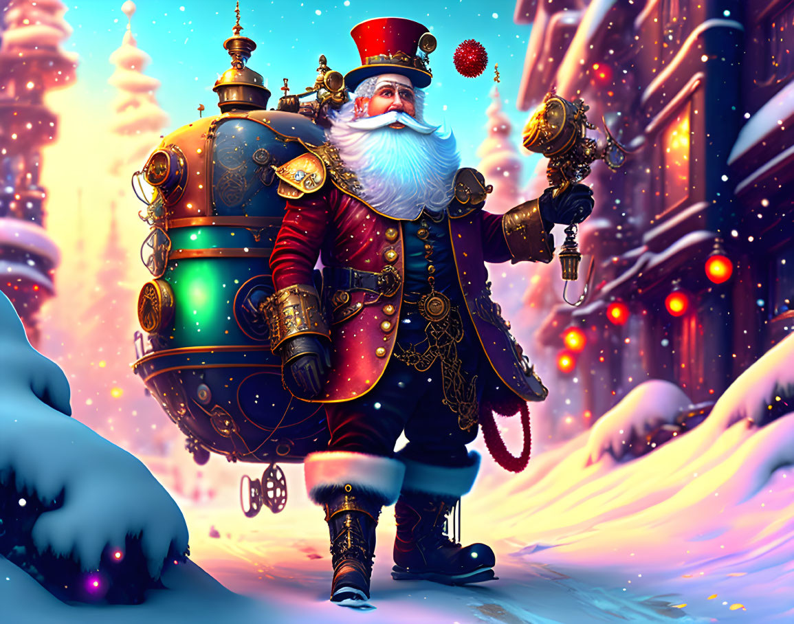 Steampunk Santa Claus with mechanical backpack in snowy festive scene