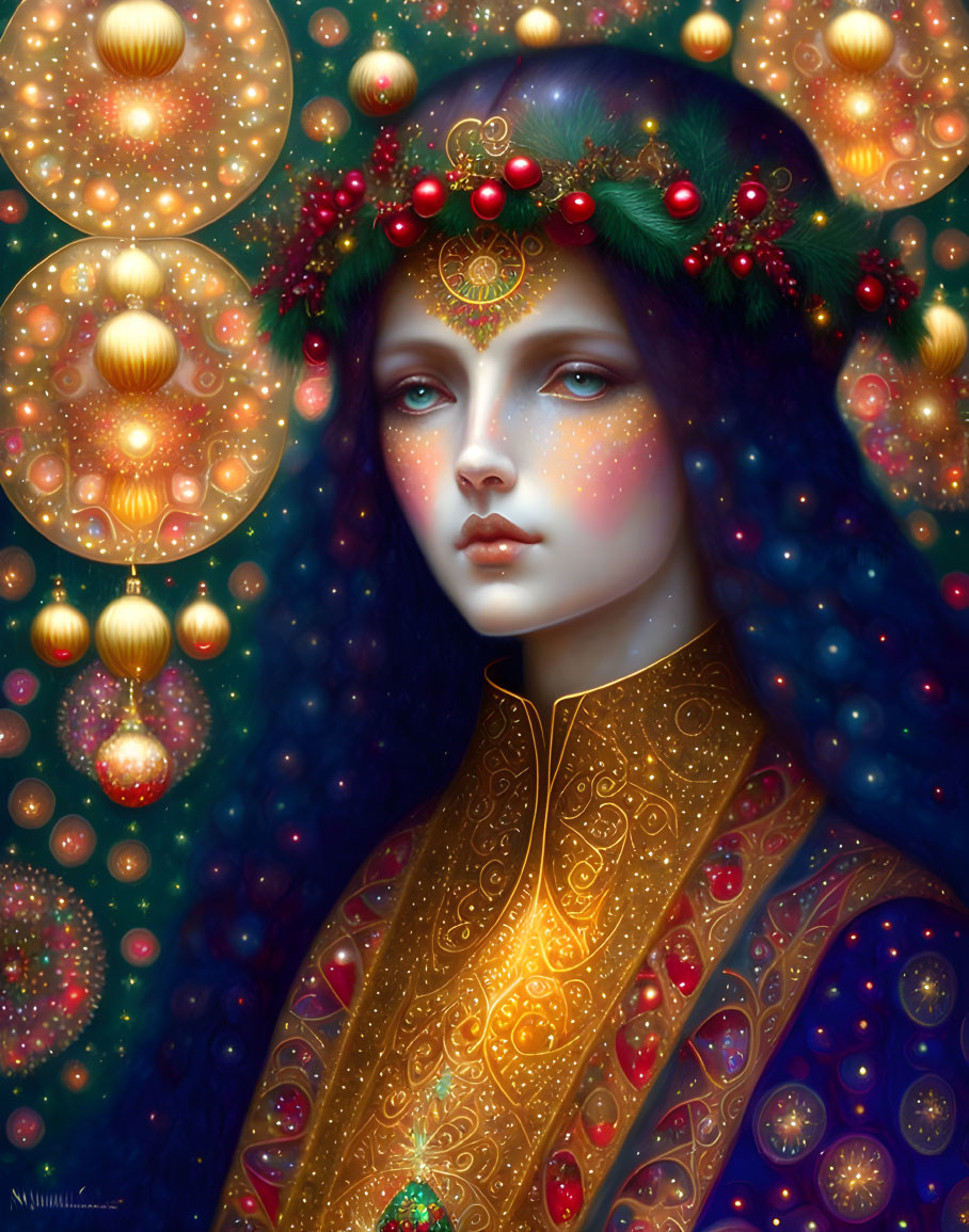 Blue-haired woman with red berries, golden filigree, orbs, and sparkles in dreamlike