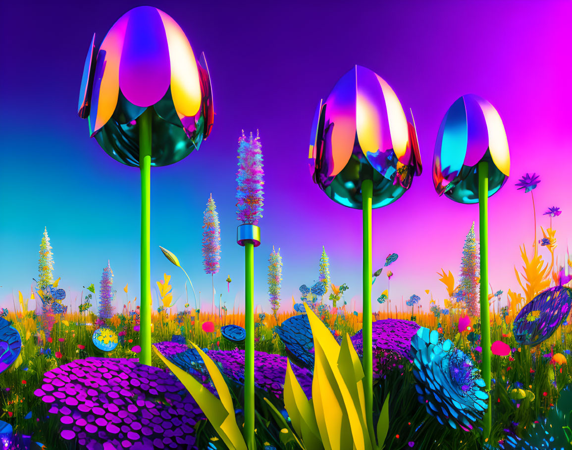 Vibrant psychedelic landscape with oversized reflective mushroom structures amid colorful flora under a purple sky