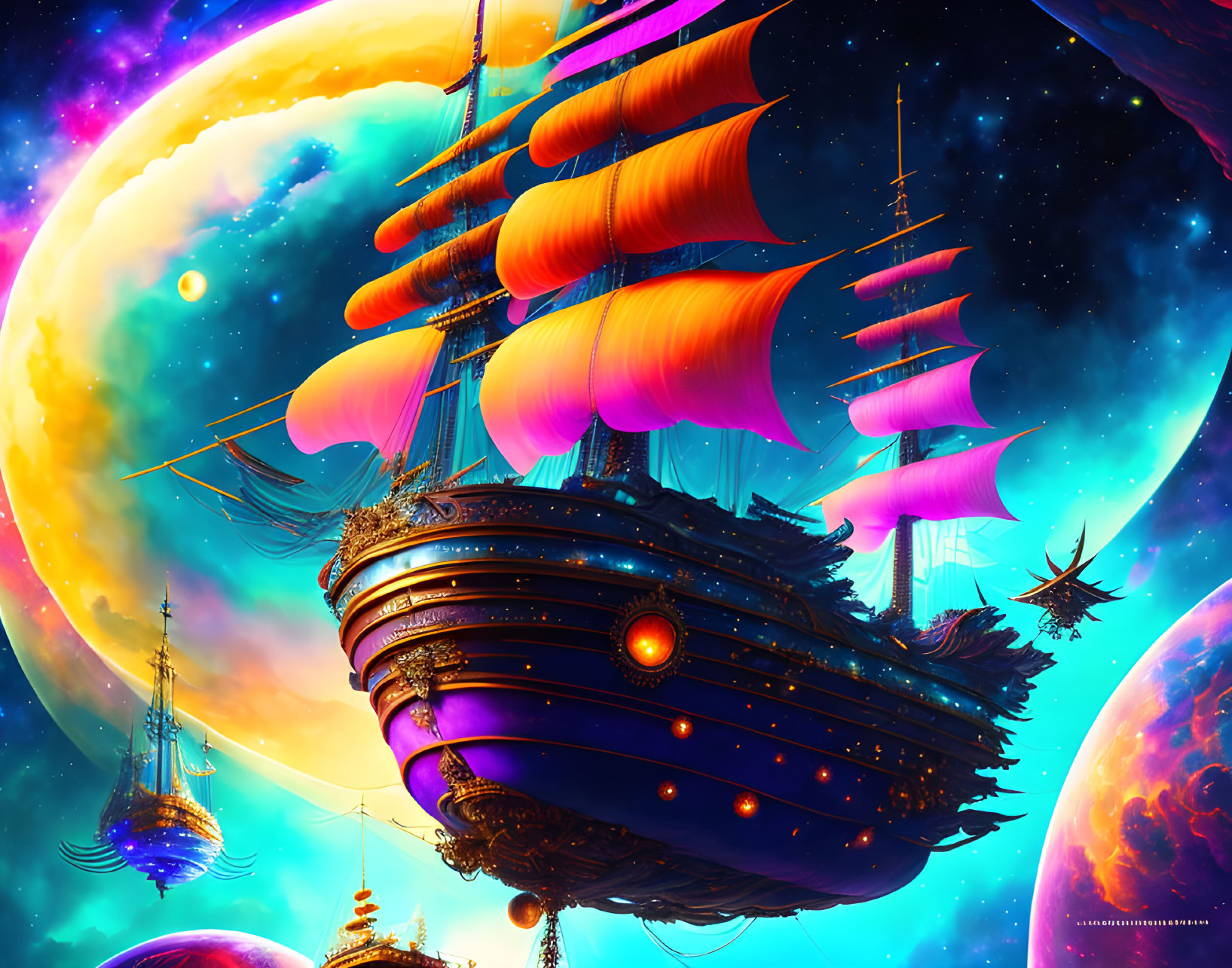 Vibrant orange-sailed ships in colorful space with celestial bodies.