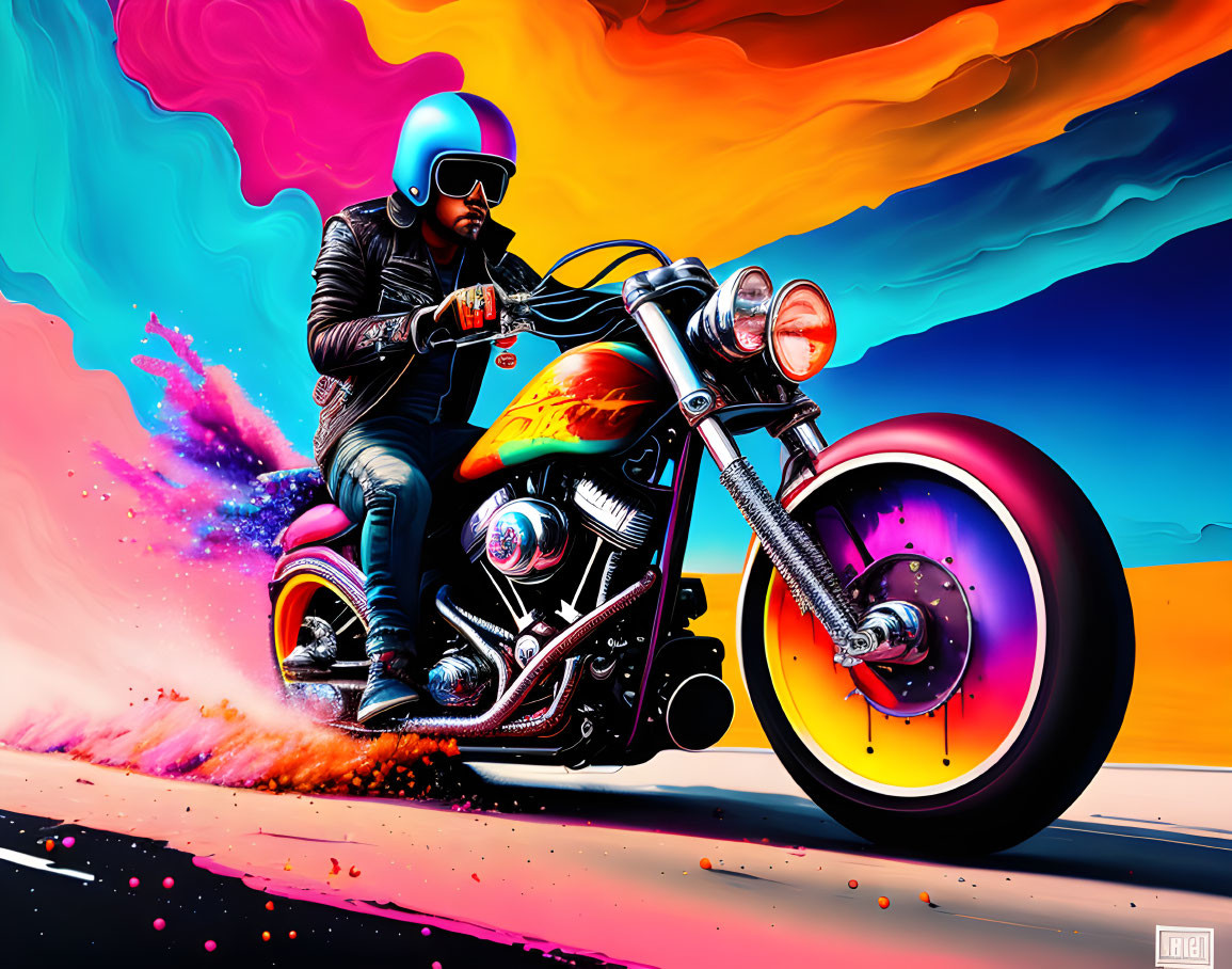 Colorful digital art: person on motorcycle in psychedelic sky