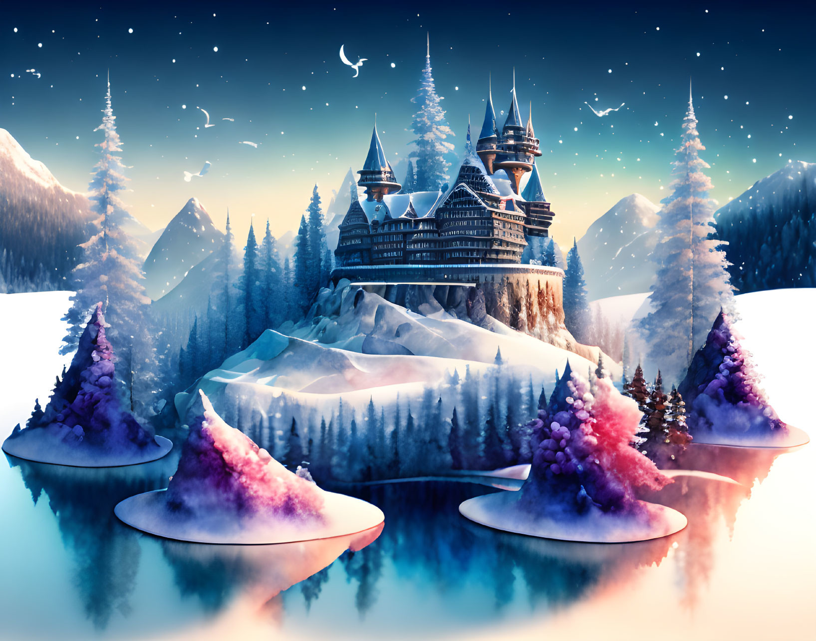 Enchanting castle on snowy cliff with colorful trees and starry sky reflected in icy blue lake