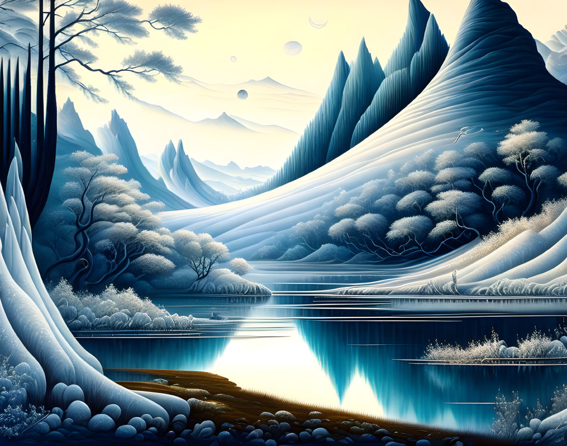 Surreal landscape with blue mountains, trees, lake, and multiple moons