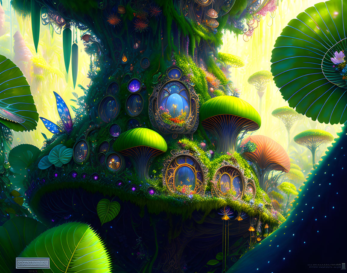 Luminous mushrooms and whimsical treehouses in vibrant fantasy forest