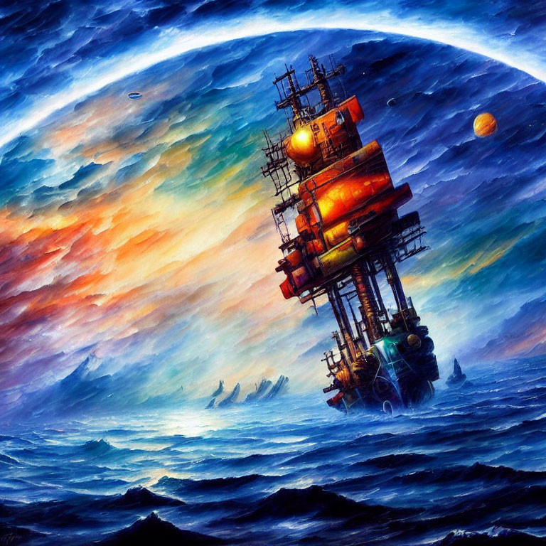 Oil rig towering over ocean with swirling clouds, distant planet, and sailing boats