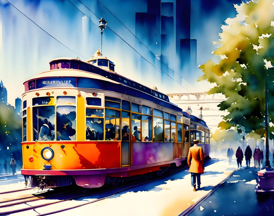 Vintage Yellow Tram Illustration in Busy City Street