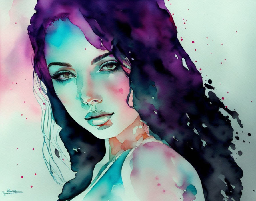 Vibrant watercolor painting of woman with purple hair and green eyes