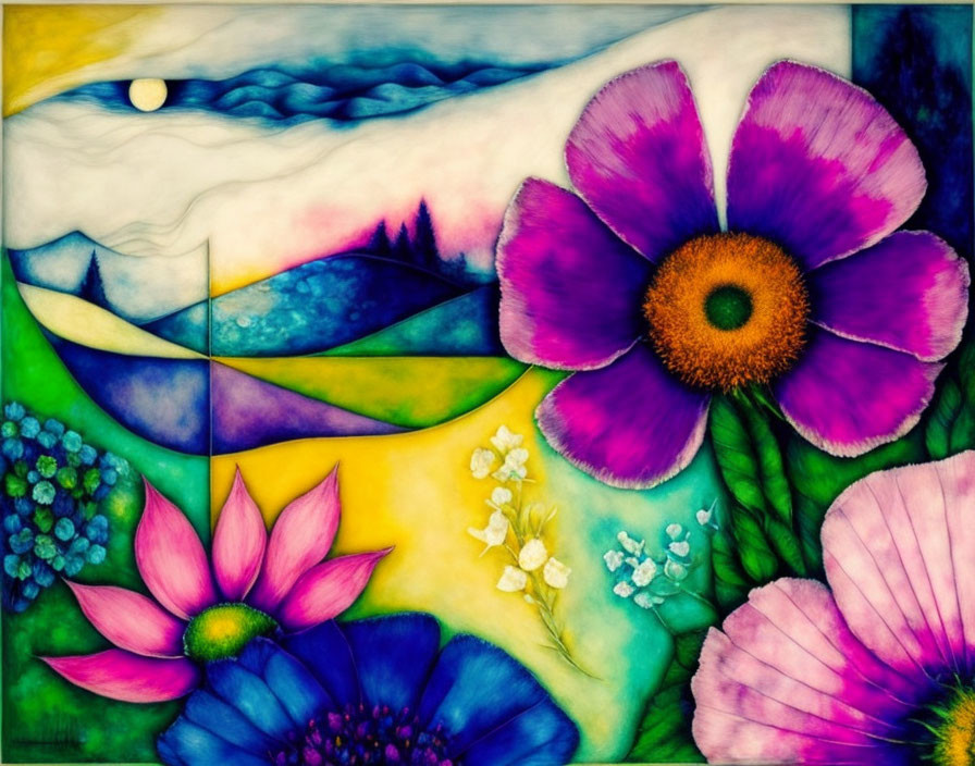 Vibrant flower painting on surreal, dreamy landscape