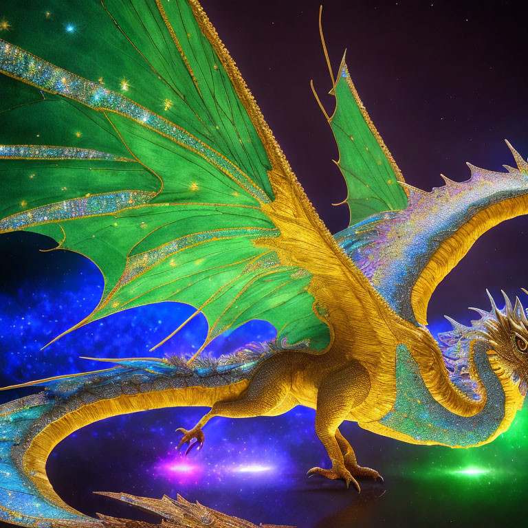 Detailed illustration of majestic dragon with green wings in cosmic background