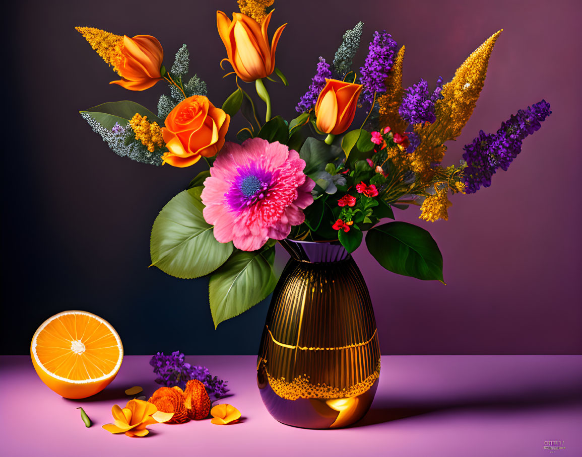 Colorful Flower Bouquet in Golden Vase with Oranges and Petals on Purple Surface