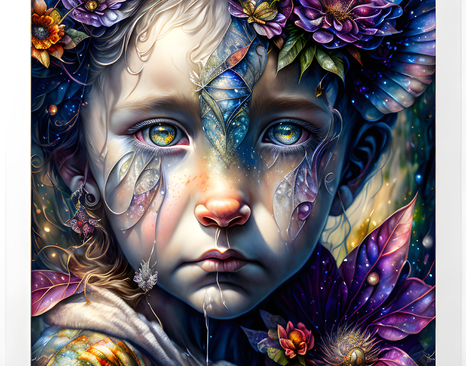 Child with Floral and Leaf Patterns Face Art: Digital Fantasy Portrait