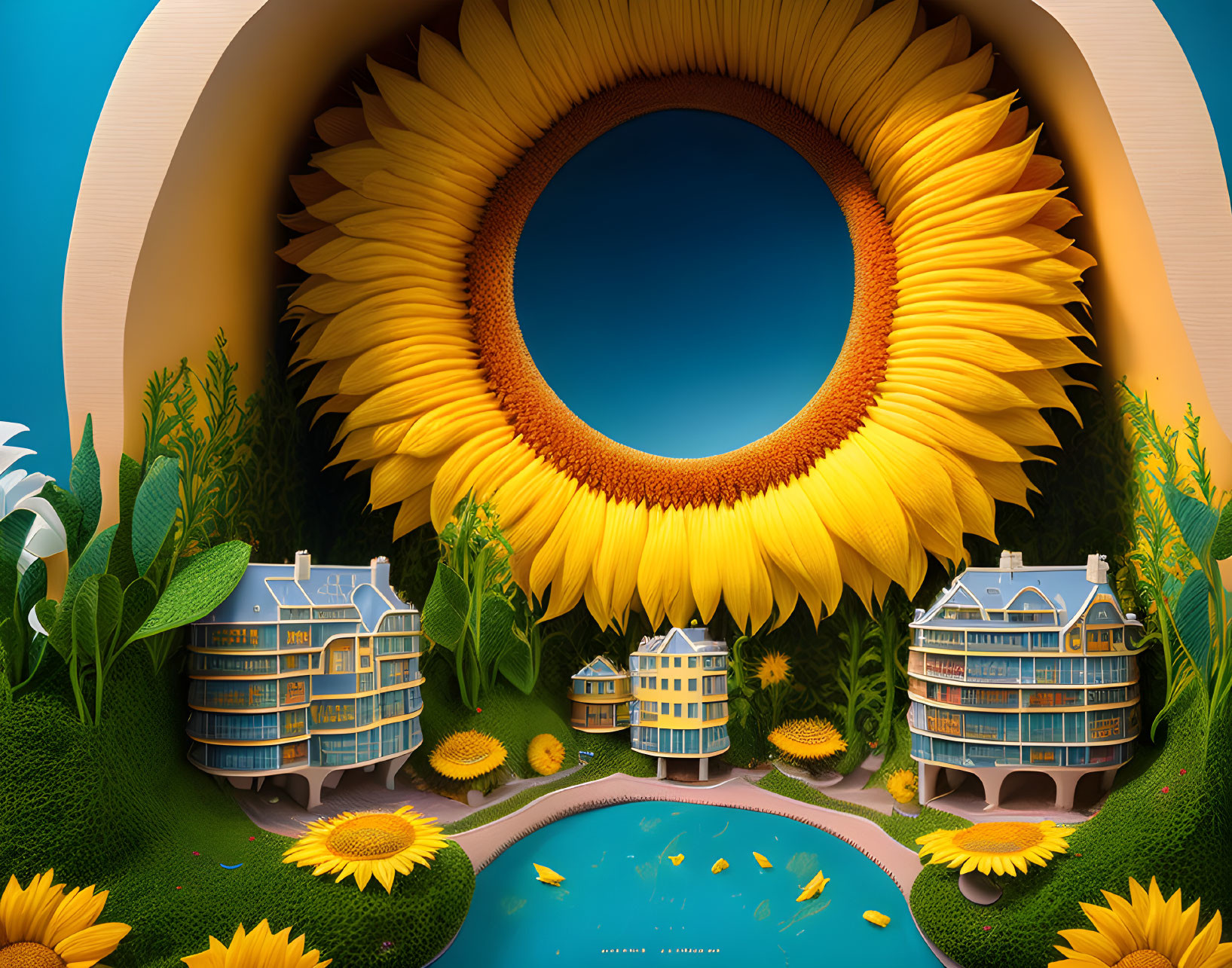 Colorful sunflower landscape with stylized buildings and rubber ducks