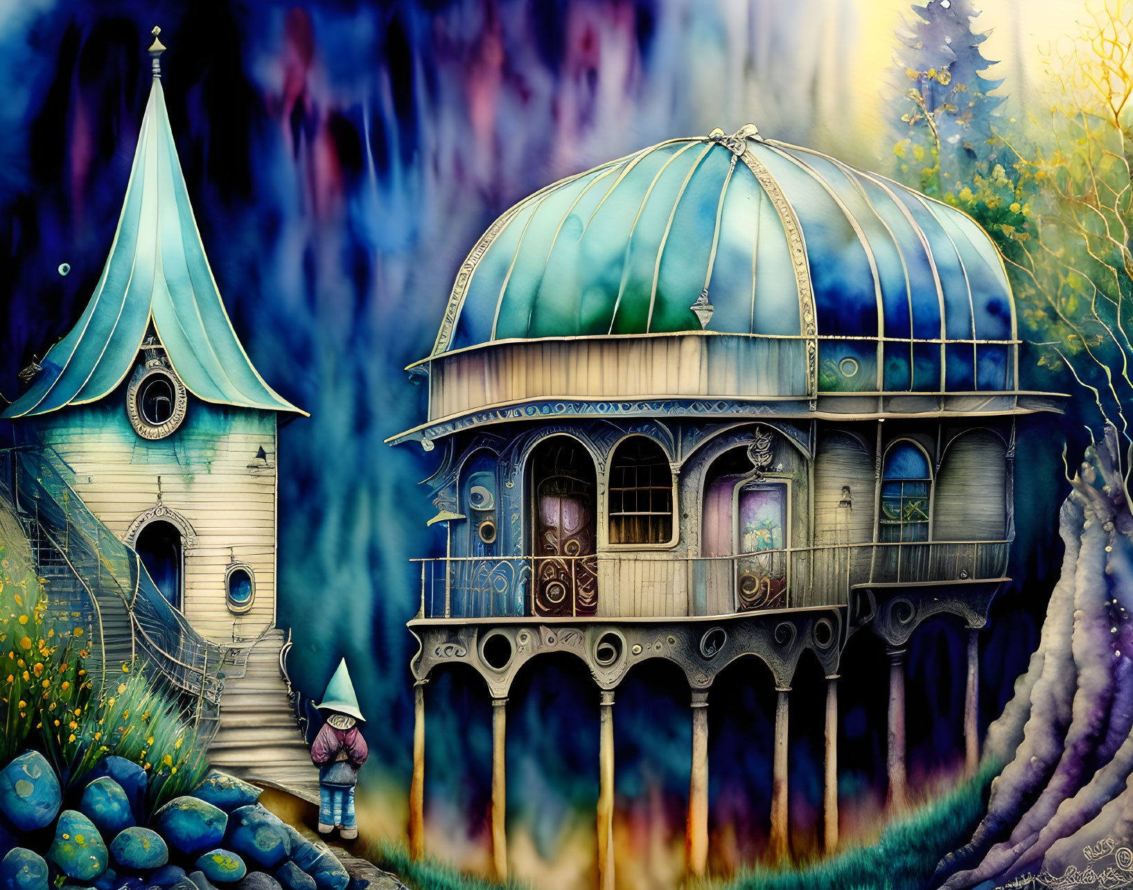 Fantasy house with dome and turret in colorful forest scenery