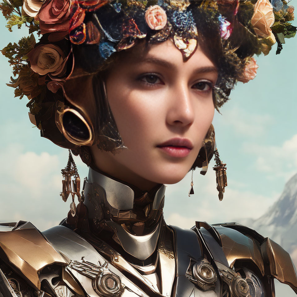 Woman in Floral Crown and Metal Armor with Earpiece in Cloudy Sky