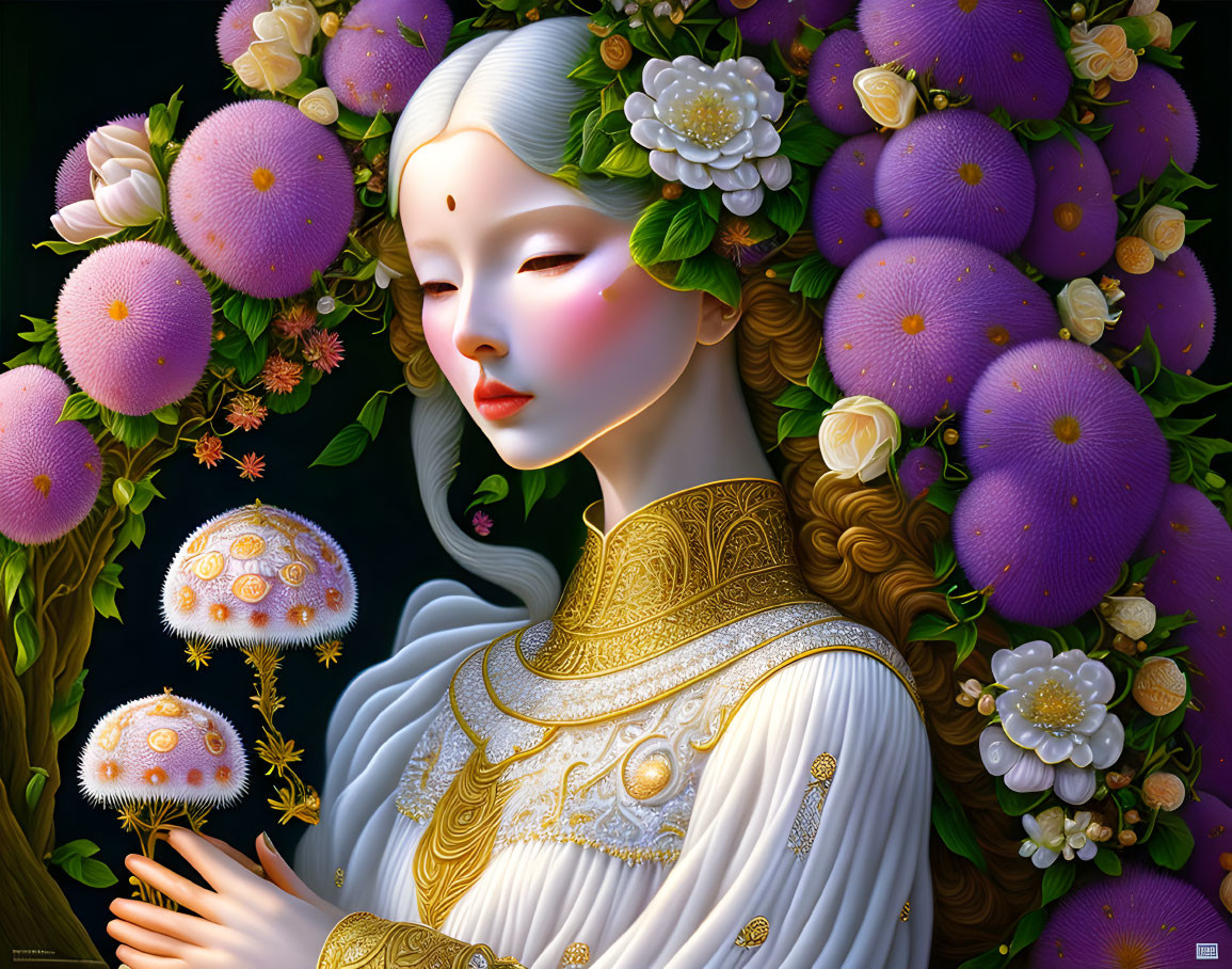 White-haired woman in gold-trimmed gown among purple flowers and mushrooms