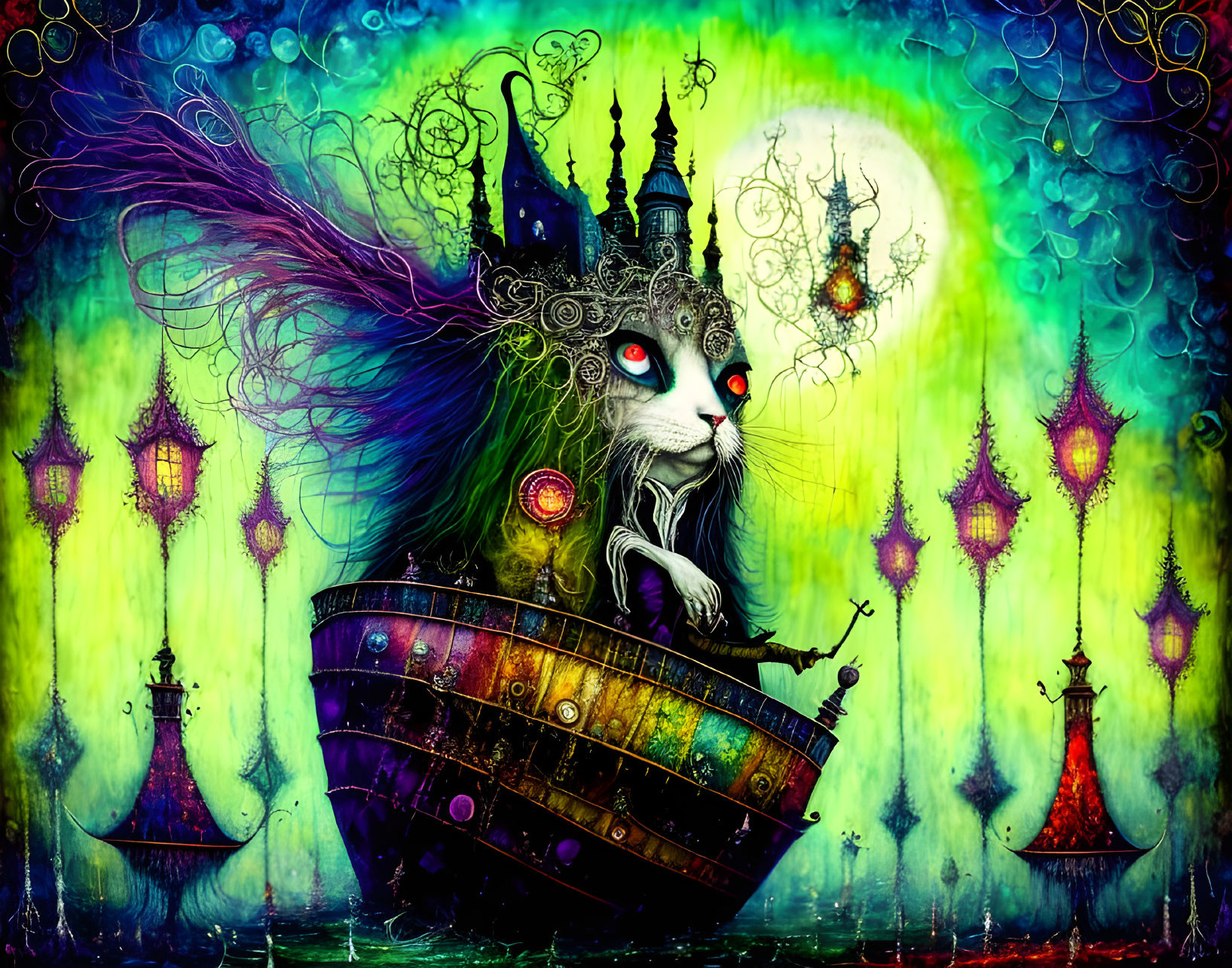 Regal cat with crown steers ship in whimsical fantasy artwork