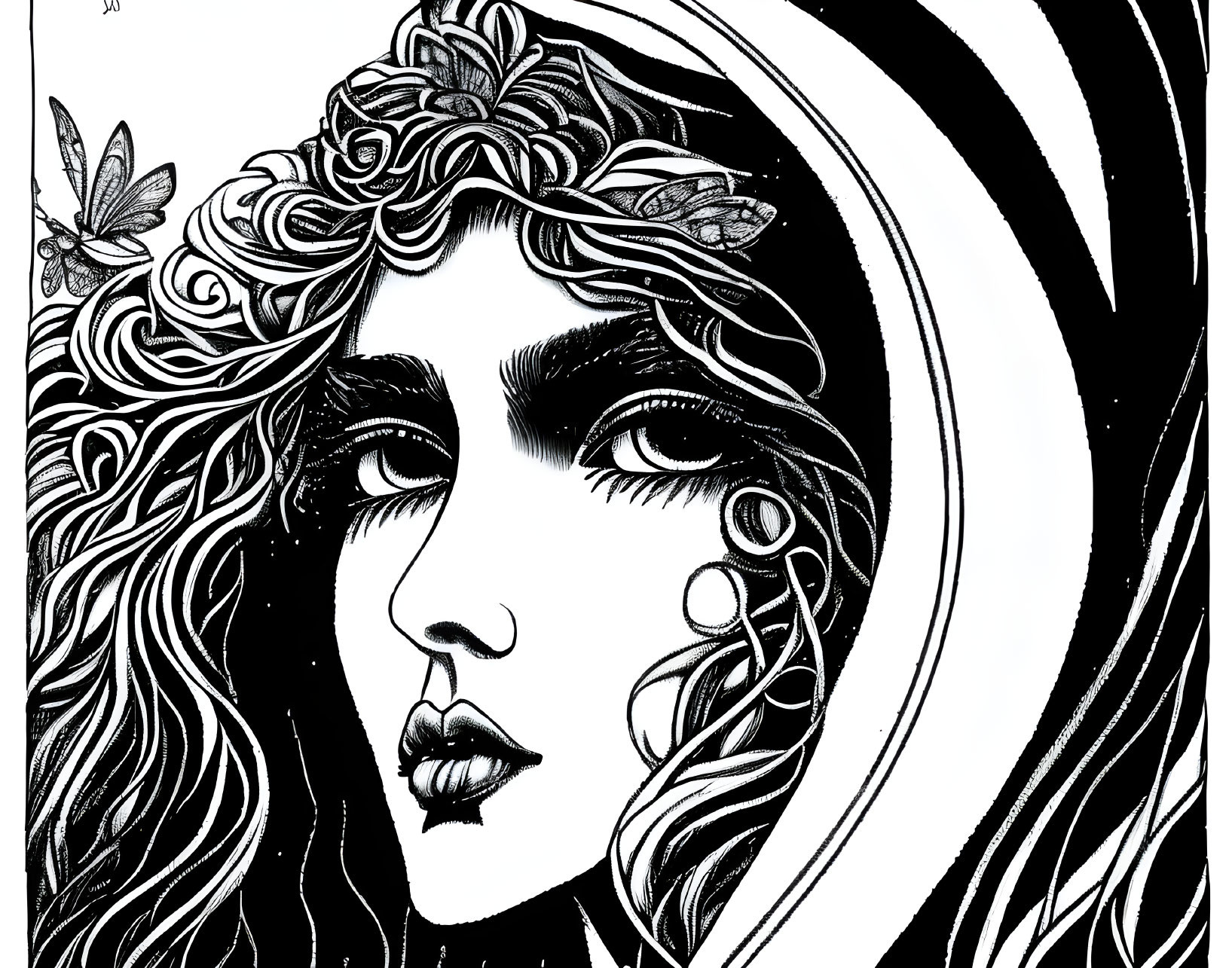 Monochrome illustration of woman with wavy hair, floral adornments, butterfly, and bold stripes