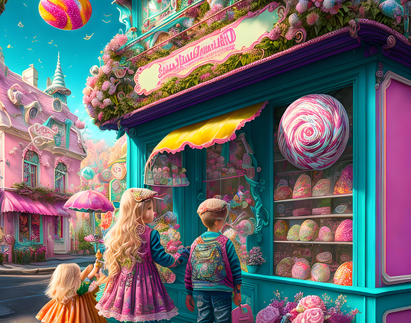 Children admiring colorful candy store window display