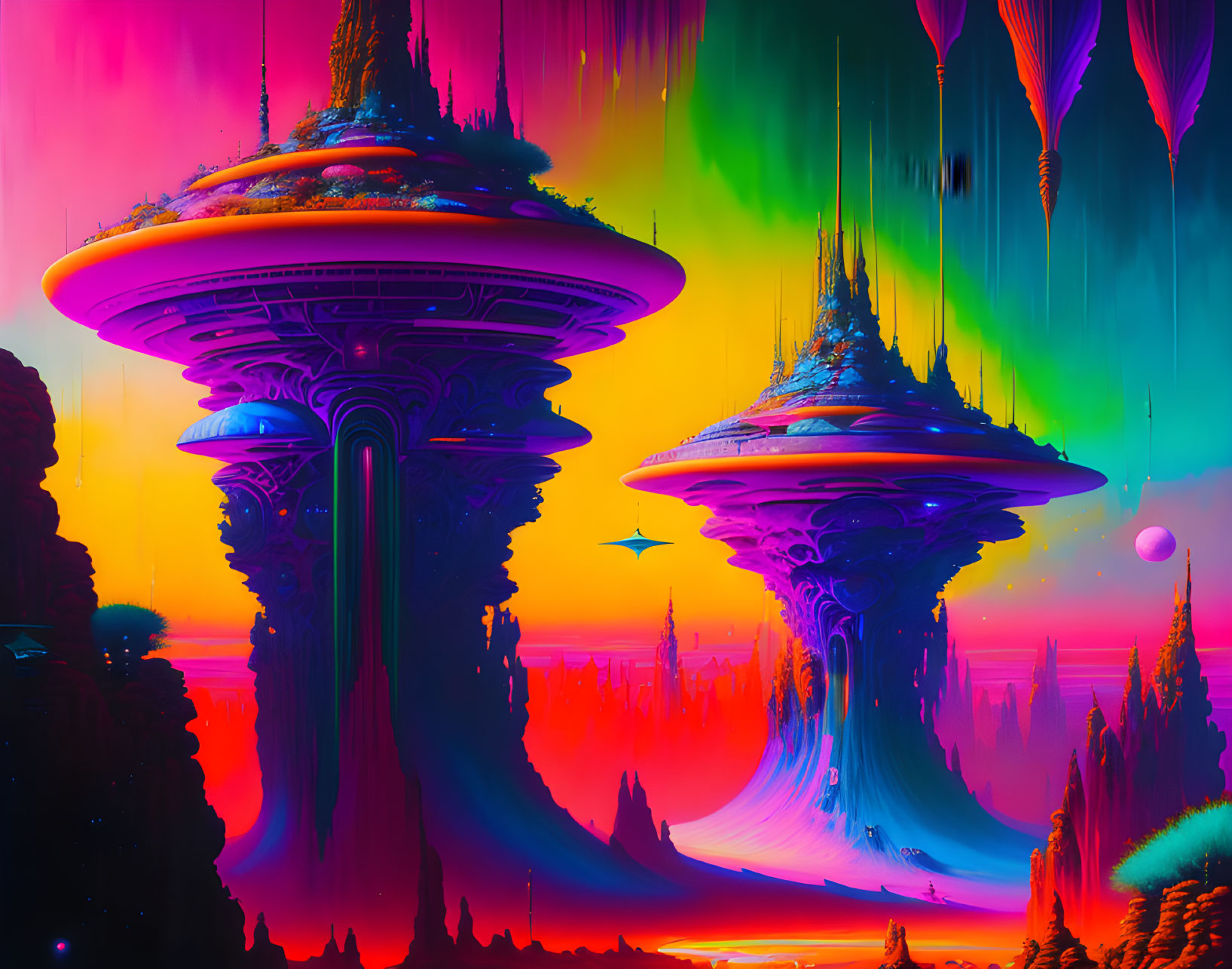 Futuristic alien cityscape amid colorful sky and forested land