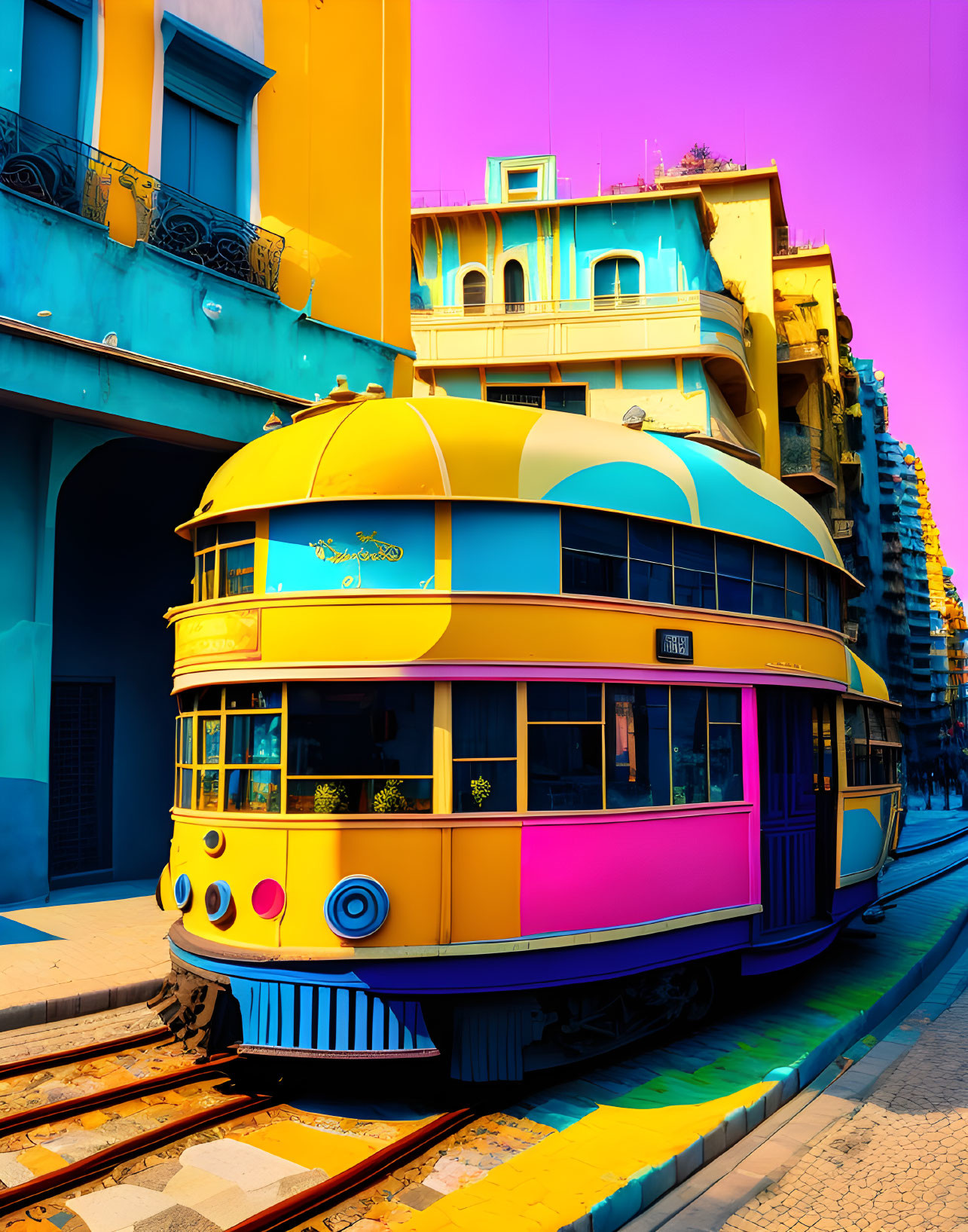 Colorful vintage tram in yellow and blue against vibrant cityscape under pastel sky