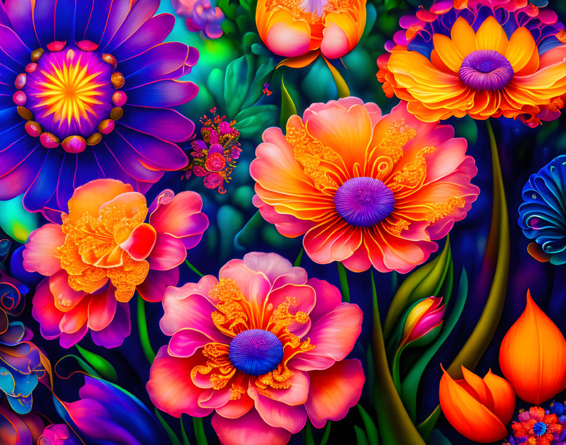 Colorful Flowers Digital Art Against Dark Foliage Background