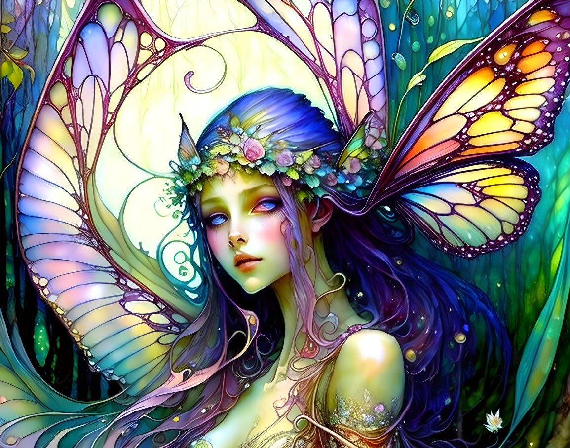 Fantasy fairy with blue hair and butterfly wings in lush backdrop