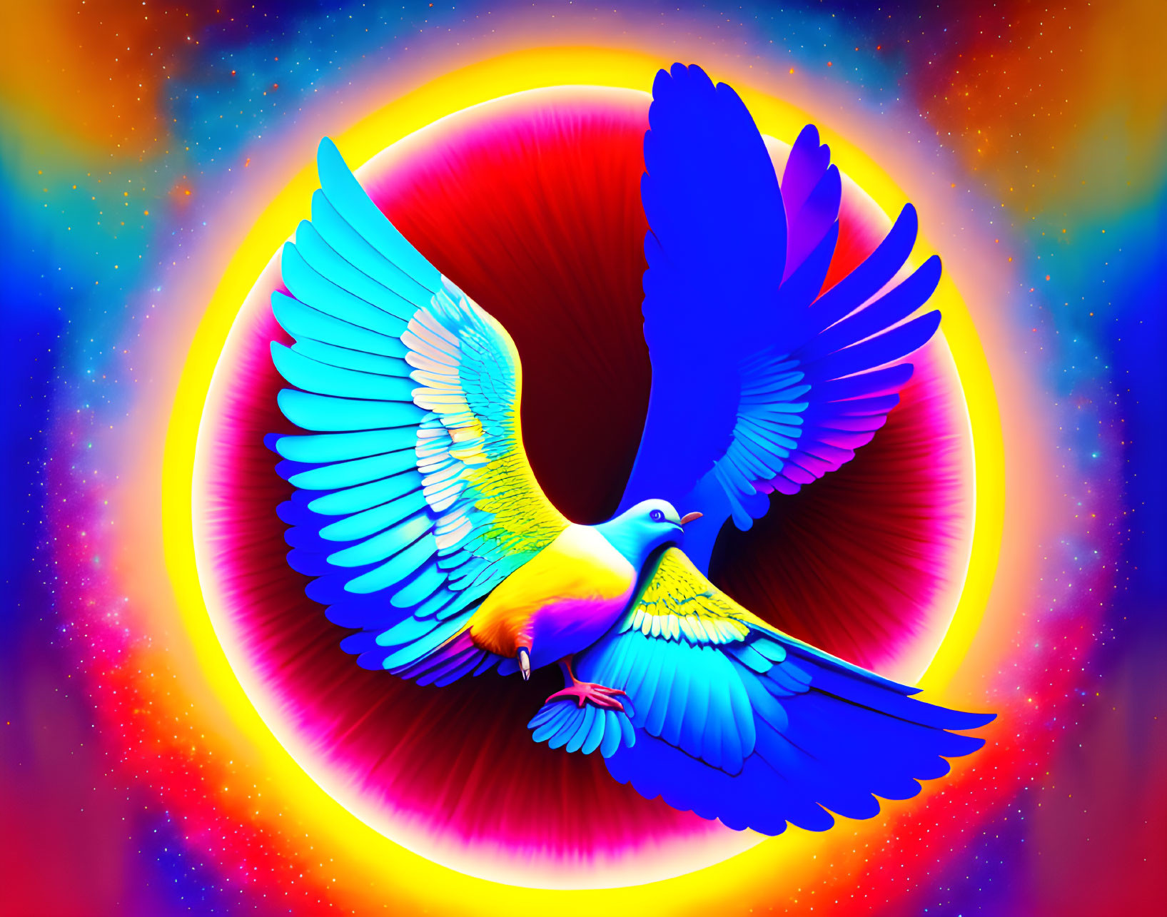 Colorful Dove Mid-Flight in Psychedelic Neon Backdrop