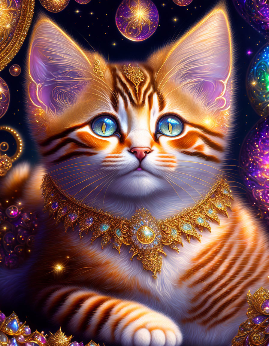 Regal cat illustration with blue eyes and cosmic background