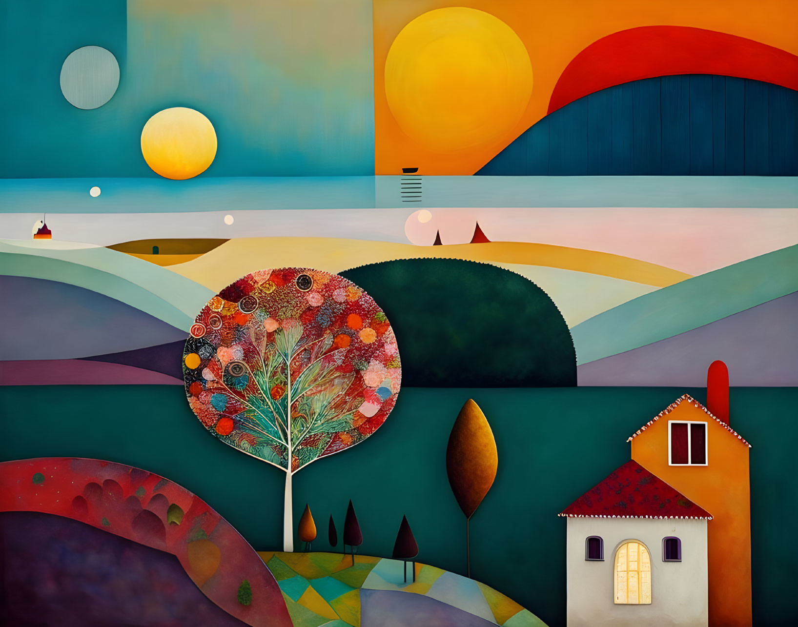 Colorful Landscape Painting with Geometric Shapes, Tree, House, Sun & Moon